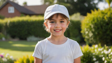 Little girl with short hair wearing white t-shirt and white baseball cap standing in the garden