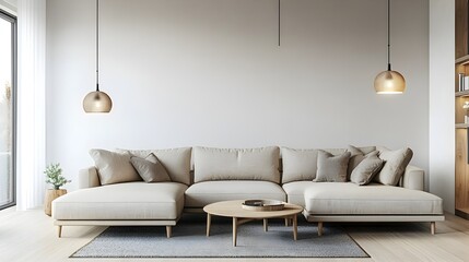 Sophisticated and Welcoming Contemporary Living Space with Plush Sectional Sofa Muted Color Palette Modern Pendant Lighting and Minimalist Scandinavian Design Elements