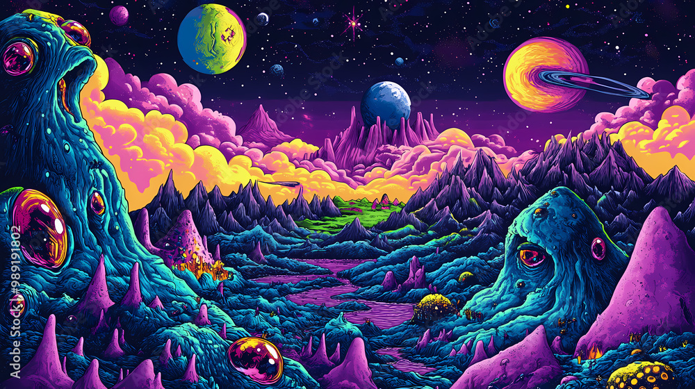 Wall mural colorful cosmos with pop art and graffiti elements, featuring surreal landscapes and fantastical cre