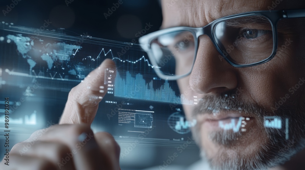 Poster a focused professional analyzing data on a futuristic screen, highlighting the intersection of techn