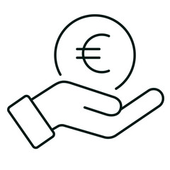 Hand holding a Euro coin line icon. Save money, salary, finance, cash concept. Logo symbol for web and mobile isolated on white background. Editable vector stroke. Pixel Perfect.