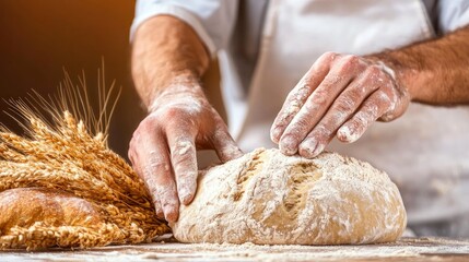 Baker kneading dough, flour dusting the surface, warm kitchen lighting