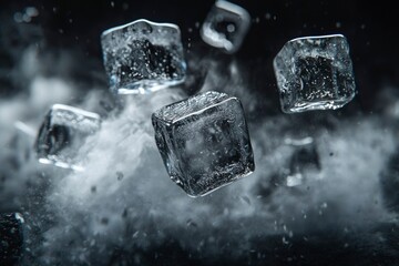 Ice Cubes Falling Through Smoke on a Black Background