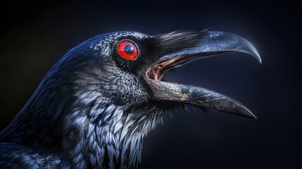 Fototapeta premium Black raven's beak open, cawing, glowing red eyes in the dim moonlight