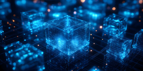 The image provides an abstract representation of futuristic technology. It features clusters of glowing blue cubes with soft reflections on their surfaces, suggesting a cool, technological atmosphere.