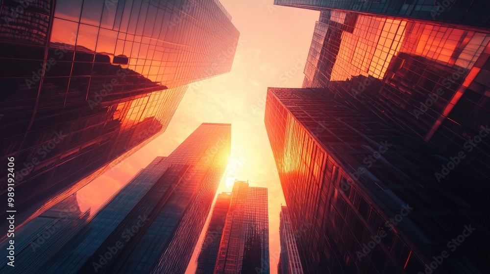 Poster architectural view of modern buildings with sharp angles, set against the backdrop of a sunset-lit s