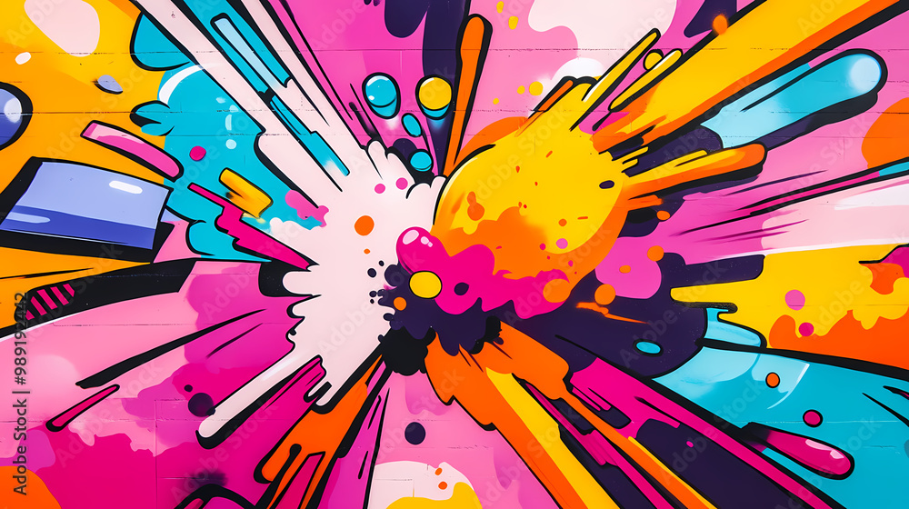 Wall mural colorful pop art abstract graffiti mural with dynamic blasts and splashes in a vibrant backdrop. gra