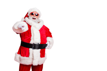 Portrait of his he cheerful cheery fat overweight plump gray-haired bearded man mocking making fool humorous hilarious jokes win winner isolated over bright vivid shine red background