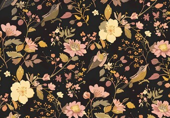 Vintage Floral Bird Pattern Black Background