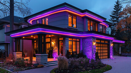 Modern house with colored led lights at night. Backlight, bright neon purple lighting, outdoor home decoration for the holiday.