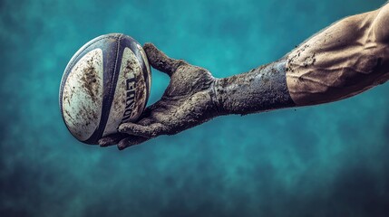 Close-up of a manâ€™s hand catching a rugby ball, dirt on his fingers, bright field light