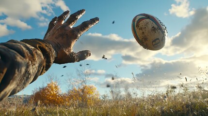 Close-up of a manâ€™s hand catching a rugby ball, dirt on his fingers, bright field light