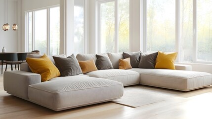 Cozy and inviting modern living room with a large comfortable sectional sofa and minimalist stylish decor the textiles and plush throw pillows creating a sense of warmth and coziness