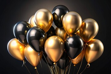 A vibrant bunch of shiny black and gold balloons against a dark background These balloons are perfect for various celebrations including birthdays weddings and other special events