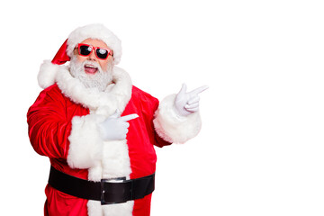Portrait of his he cheerful cheery funky fat overweight plump gray-haired bearded man pointing choose choice decision gift present surprise isolated over bright vivid shine red background