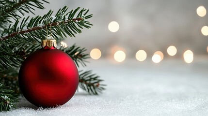 A red ornament is sitting on a snowy ground next to a pine tree. The scene is festive and cozy, with the red ornament adding a pop of color to the winter landscape