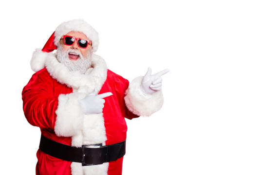 Portrait of his he cheerful cheery funky fat overweight plump gray-haired bearded man pointing choose choice decision gift present surprise isolated over bright vivid shine red background