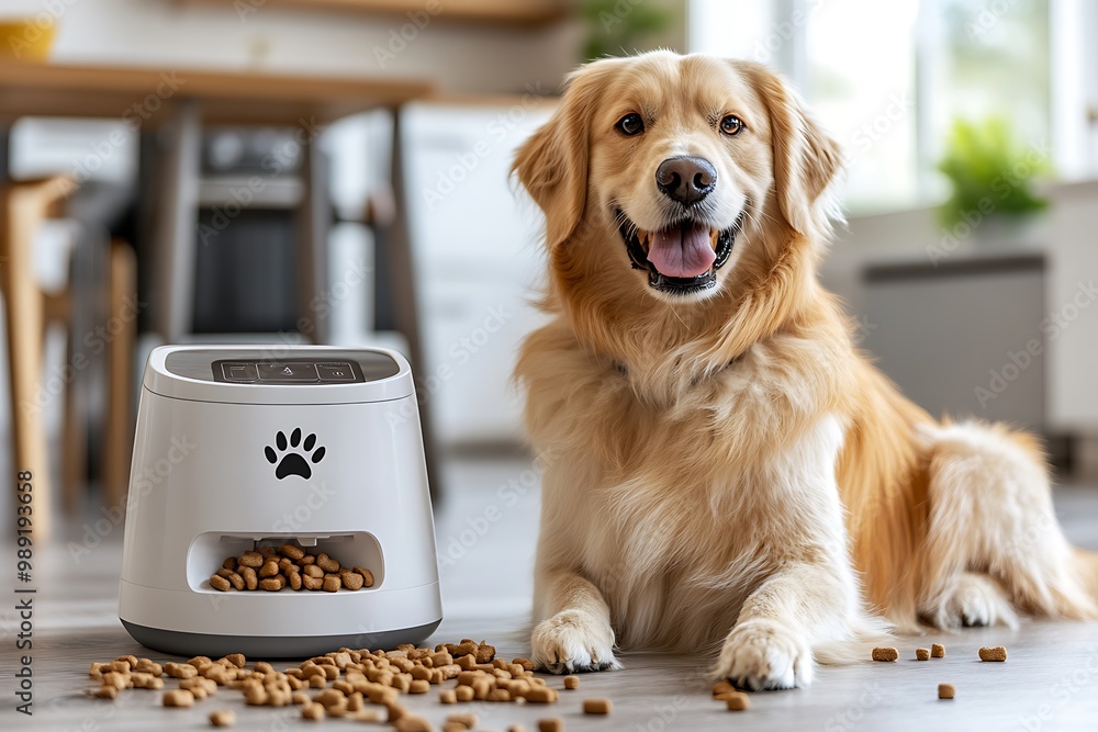 Poster futuristic card focused evolution of automated pet feeders featuring a sleek design with a broad bla