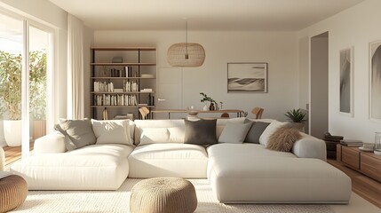 Fototapeta premium Cozy and inviting modern living room with a large comfortable sectional sofa and minimalist stylish decor The bright and airy room is flooded with natural light featuring mid century modern touches