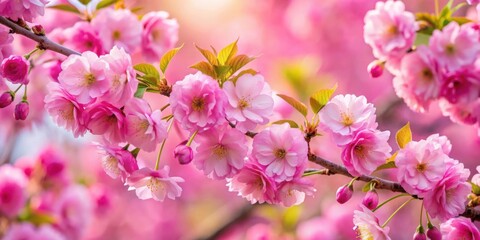 Fototapeta premium Close up of beautiful cherry blossoms in rich pink tones and green leaves on a subtle pink background