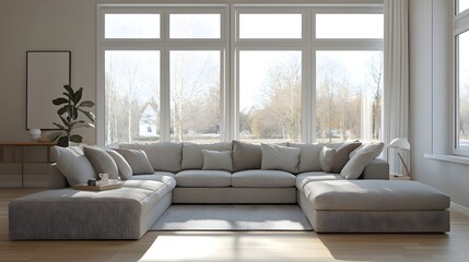 Cozy and inviting modern living room with a large comfortable sectional sofa and minimalist stylish decor  Muted color palette clean geometric shapes and sleek silhouettes