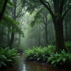 It is a tranquil forest during a gentle rain, where droplets glisten on the vibrant green leaves, reflecting the soft light filtering through the canopy. The air is fresh and cool