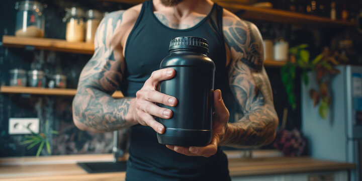 Male bodybuilder stands in the kitchen and holding a black jar of protein powder or gainer in his hands. Concept of sports nutrition for athletes.