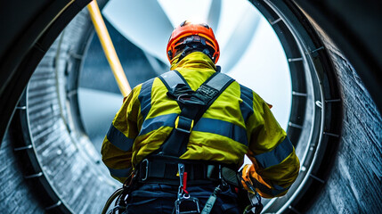 Worker inspecting turbine from inside