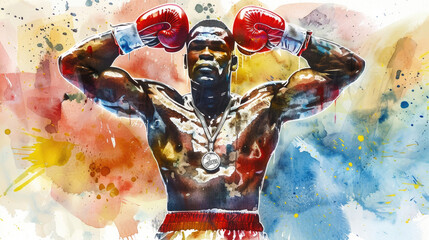 Fototapeta premium A powerful figure of a boxer celebrates victory with arms raised, illustrated in vivid colors, embodying resilience and athletic spirit in the ring