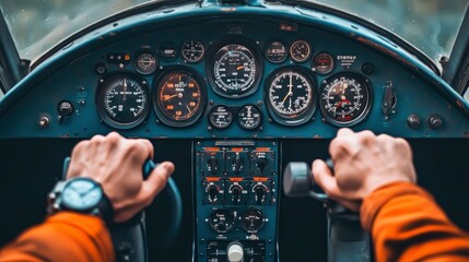 Pilot gripping airplane controls, cockpit filled with dials, soft dashboard lighting
