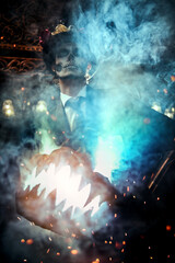 man with pumpkin lantern