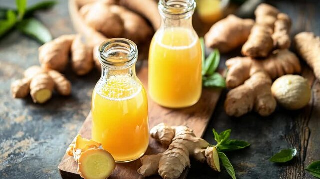 Fresh ginger juice, homemade and delicious, on display with ginger roots in a cozy kitchen setting