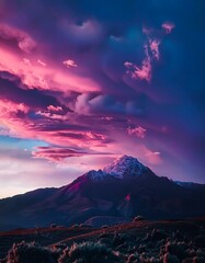 Fototapeta premium colorful neon mountain view with sunset clouds and fog, concept for freedom and sucess. 