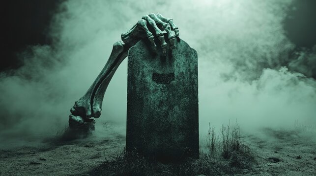 Skeleton hand gripping a tombstone, fog creeping in the background, dim moonlight