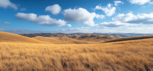 Fototapeta premium Expansive view of rolling hills with golden grass under a clear blue sky with white fluffy clouds.
