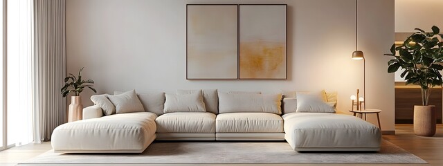 Cozy and inviting modern living room with a large comfortable sectional sofa and minimalist stylish decor the color tones and soft lighting creating a serene and soothing ambiance
