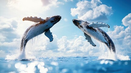 A group of humpback whales breaching the surface of the ocean, with a splash of water and a backdrop of a blue sky.