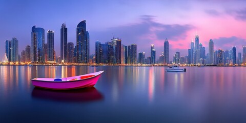 Fototapeta premium Pink Boat in Dubai Marina with Skyscrapers at Sunset