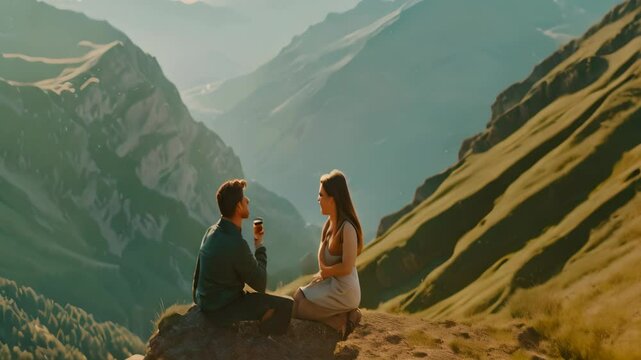 A couple sits on a cliff overlooking a valley, holding hands, as the man proposes, A surprise marriage proposal in a scenic location