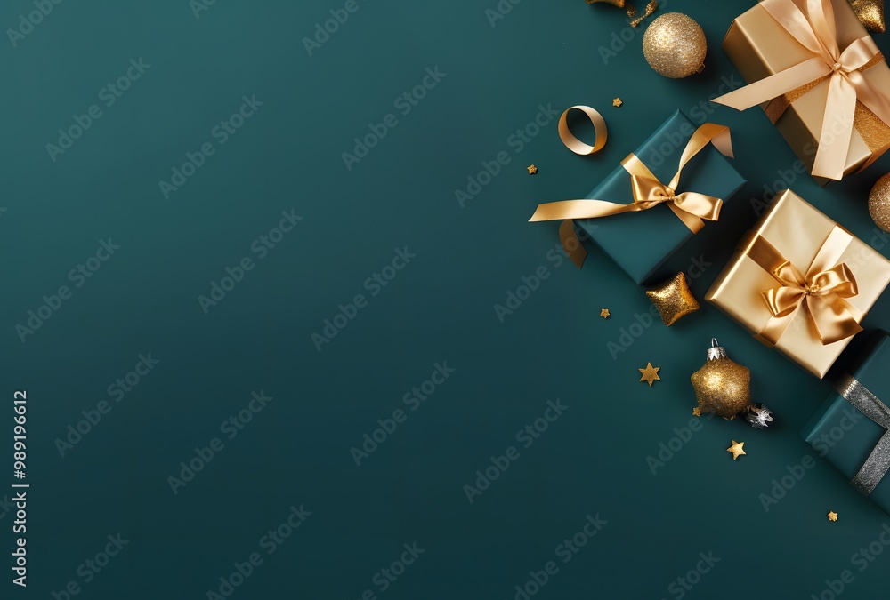 Wall mural elegant green background with golden gifts for christmas