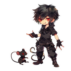 Obraz premium A young man with spiky black hair wearing a black and grey outfit stands with a black mouse with red eyes beside him.