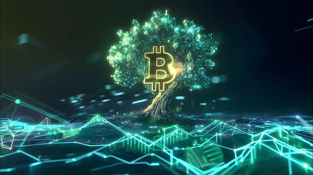 A glowing tree forms the shape of a bitcoin symbol, surrounded by digital lines and financial charts, representing growth in cryptocurrency and innovation in technology