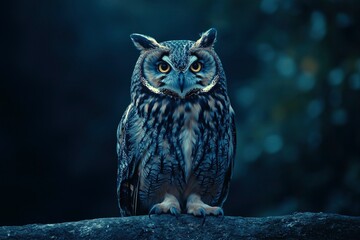 A majestic long-eared owl perched on a branch with a blurred background.