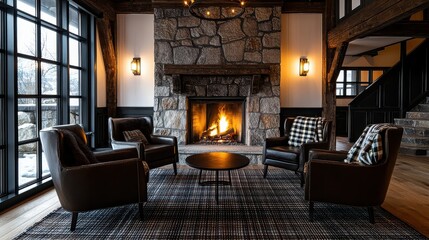 A cozy living room with a fireplace and four leather chairs. The room has a warm and inviting atmosphere