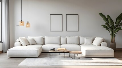 Minimalist and Cozy Living Room with Neutral Decor and Lush Greenery  Bright and Airy Space with Comfortable Sofa Wooden Coffee Table and Decorative Frames on the Wall