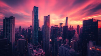 Fototapeta premium cityscape featuring towering skyscrapers, with no people in sight, under a vibrant sunset sky