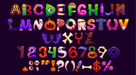 Halloween font, cartoon evil type, funny scary typeface, spooky alphabet of Helloween monster letters and numbers. Vector typography font of Halloween ghost, pumpkin, bat and mummy abc characters