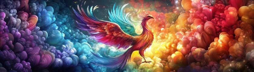 Obraz premium A multicolored phoenix rising from a sea of vibrant colors, symbolizing rebirth and the power of creative imagination