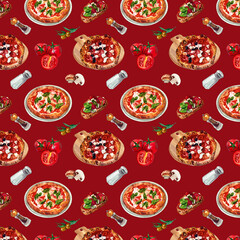 pizza italian food, pattern seamless, watercolor painting hand-drawn