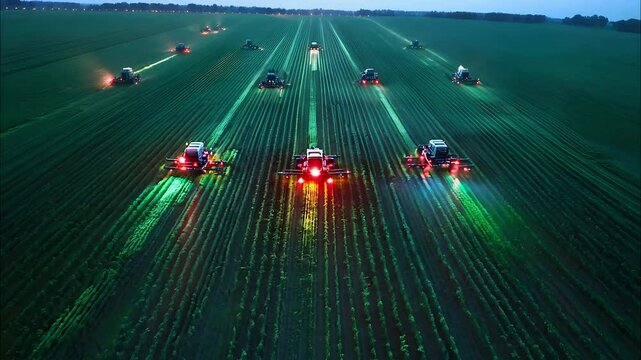 Farms light up the night as multiple machines work together in synchronized harmony, creating patterns across the vibrant green fields
